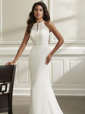 A white bridal gown with a lace bodice by Christiana Wu